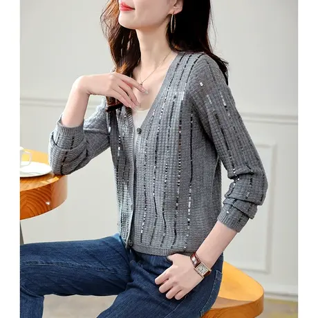 宝诗黎V领亮片羊毛开衫2023秋季百搭显瘦上衣女洋气短款针织外套商品大图