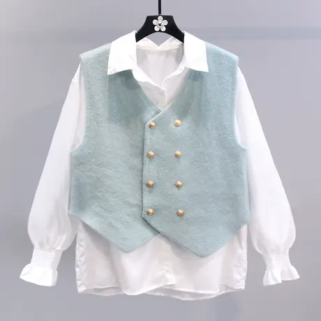 双排扣设计感小众针织马甲套装女2023春装新款宽松洋气衬衫两件套图片