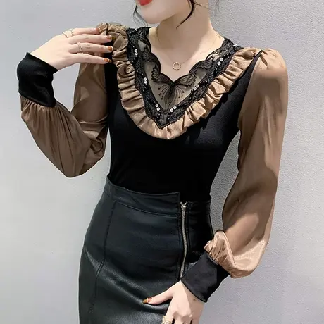 网纱拼接泡泡袖T恤女春秋2024新款洋气花边上衣气质V领打底衫长袖商品大图