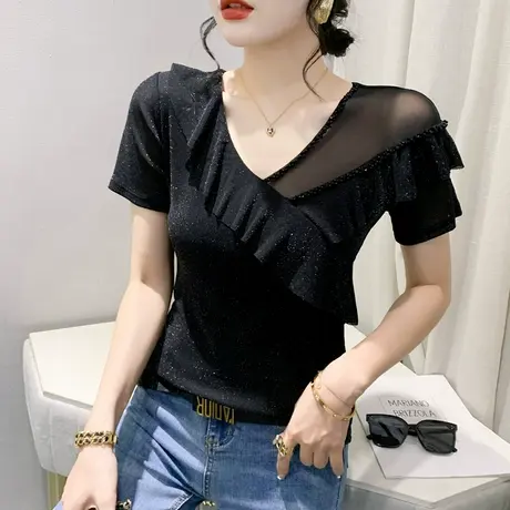 欧货性感网纱T恤女短袖时尚洋气钉珠V领小衫被子荷叶边上衣设计感图片