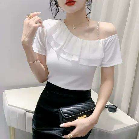 设计感荷叶边短袖T恤女士性感露肩一字领上衣洋气百搭修身小衫夏商品大图