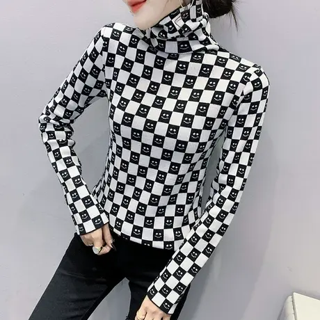 紧身高领毛衣女秋冬欧货洋气撞色棋盘格针织衫长袖内搭气质打底衫商品大图