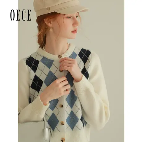 Oece复古菱形格纹针织开衫女2023秋季新款女装气质毛针织衫小外套商品大图