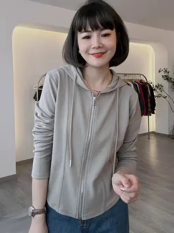 连帽拉链开衫鱼骨纹长袖T恤女秋大码胖mm设计感小众显瘦炸街上衣商品大图