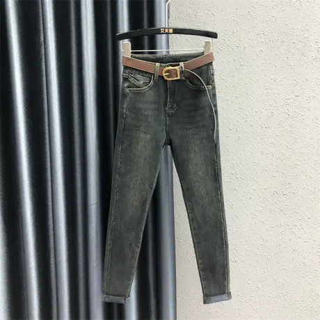 欧货加绒保暖小脚牛仔裤女2023秋冬新款深蓝色高腰弹力紧身铅笔裤商品大图