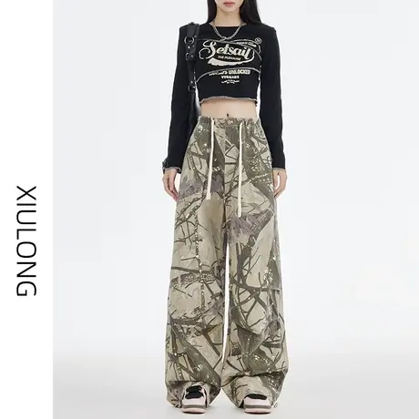 美式迷彩工装裤女秋季2023新款显瘦直筒宽松抽绳束脚休闲阔腿裤子图片