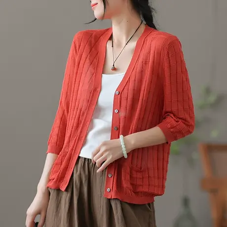 dza复古显瘦宽松V领冰丝上衣针织开衫夏季薄款短外套女士防晒衣服图片