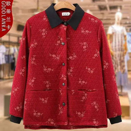 大码中老年女装春秋夹棉夹克女200斤妈妈装洋气印花翻领休闲外套商品大图