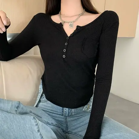 黑色长袖t恤女装秋季设计感不规则新款修身内搭打底衫辣妹上衣潮商品大图