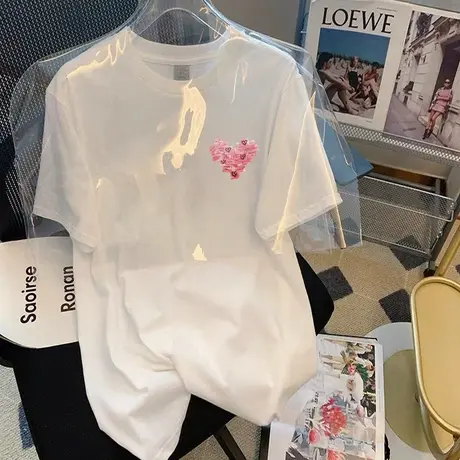 中长款短袖宽松大码T恤女纯棉白色爱心夏装2022新款韩版宽松上衣图片