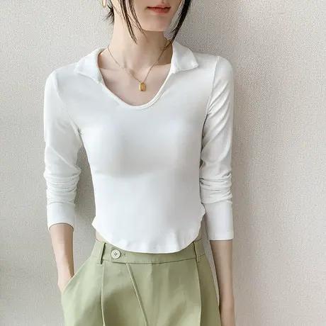 POLO领设计感小众正肩上衣女2023早春新款修身长袖T恤内搭打底衫图片