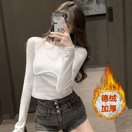 时尚纯欲德绒罗纹长袖t恤女秋冬季新款保暖打底衫内搭短款上衣潮商品大图