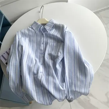 海盐蓝竖条纹长袖衬衫女气质百搭宽松休闲POLO领衬衣蓝色太好看了商品大图
