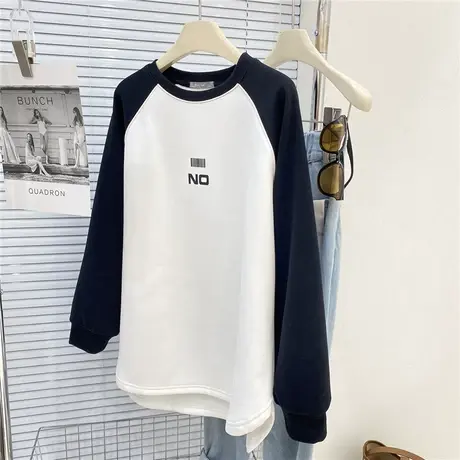 复古字母印花撞色插肩袖卫衣女秋冬新款加绒加厚长袖套头中长上衣图片