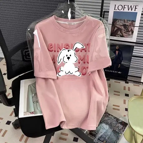 vintage纯棉短袖t恤女夏宽松大码卡通印花ins闺蜜装法式别致上衣商品大图