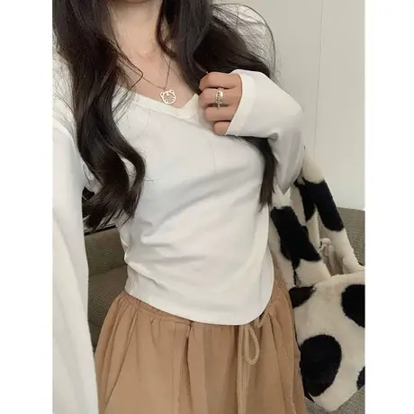 V领长袖t恤打底衫2024早春秋冬季修身新款紧身内搭法式短款上衣女商品大图