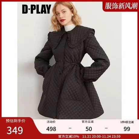 DPLAY冬新红色复古菱形格绗棉宽松短款棉服气质高腰大摆棉衣商品大图