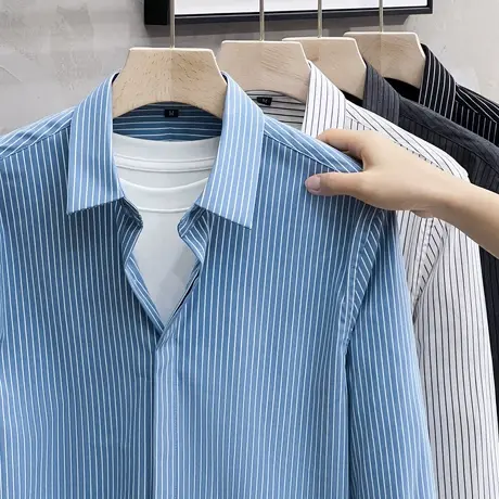 轻奢条纹衬衫男长袖抗皱免烫2023春秋新款商务休闲衬衣高级感寸衫商品大图