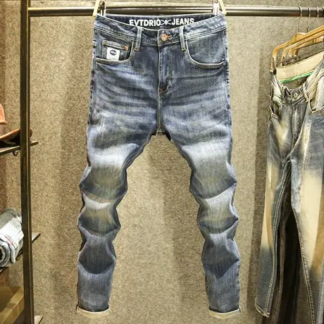 秋季潮牌复古牛仔裤男款修身小直筒弹力长裤美式高端水洗耐磨裤子商品大图