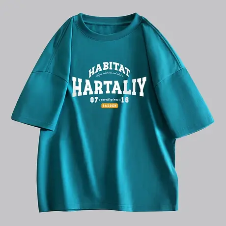 夏季纯棉美式oversize宽松落肩圆领短袖T恤衫男士情侣装夏装衣服商品大图