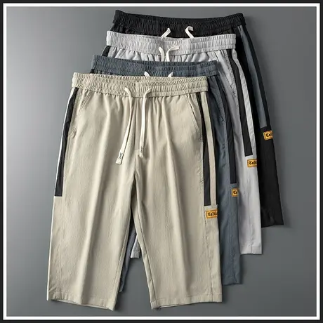 条纹运动短裤男士七分休闲半截中裤子男款夏季薄款冰丝泡泡裤男生商品大图