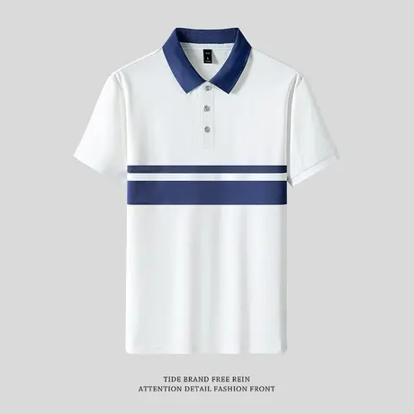 男装夏季Polo衬衫翻领拼接T恤休闲半袖条纹上衣薄款透气五分短袖商品大图