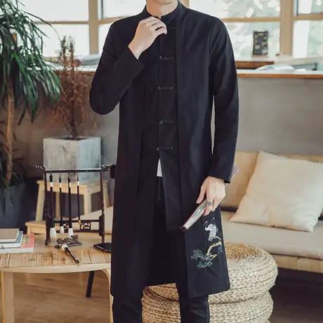 秋冬中国风男中长款风衣盘扣绣花大码宽松复古假两件外套大衣禅服商品大图