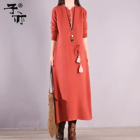 子亦冬装新品文艺气质腰间系带流苏显瘦中长款针织打底毛衣裙图片