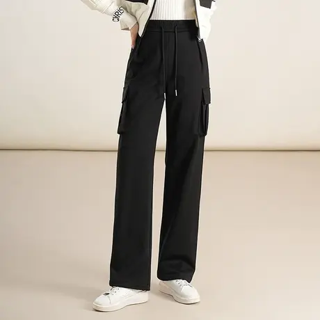 黑色加绒工装裤女秋冬2023新款松紧腰显瘦直筒裤减龄百搭休闲长裤商品大图
