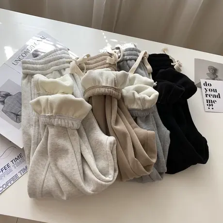 美式复古运动束脚裤女冬季高腰宽松显瘦韩版加厚加绒休闲阔腿卫裤商品大图