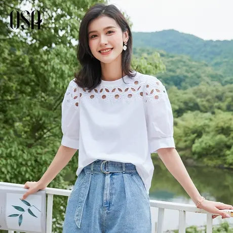 OSA欧莎白色泡泡短袖T恤女夏季2022年新款宽松设计感镂空上衣薄款商品大图
