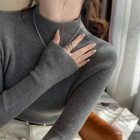 软糯半高领针织衫女冬季新款打底毛衣内搭套头保暖修身显瘦上衣服图片