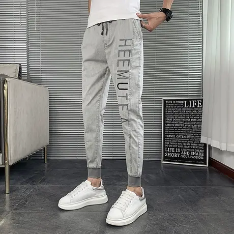 夏季男士休闲裤裤子九分裤ins修身潮流薄款弹力运动刺绣网红潮牌商品大图