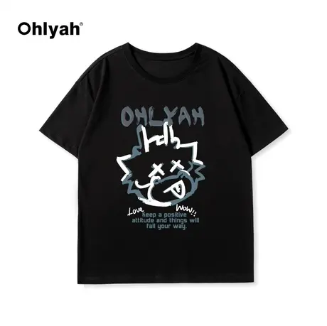 Ohlyah春夏新款宽松纯棉手绘卡通小龙印花针织圆领情侣短袖T恤女商品大图