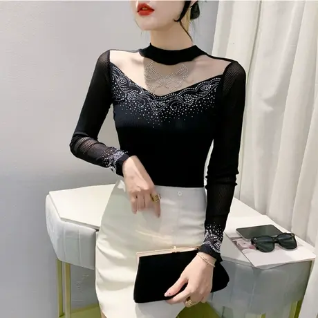 2024春秋新款T恤网纱拼接镂空烫钻洋气减龄内塔上衣女修身打底衫商品大图