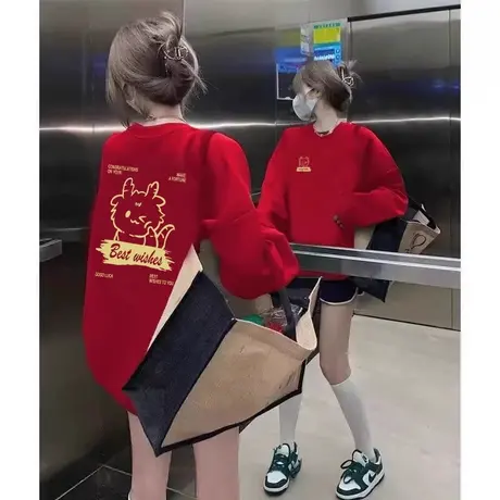 圆领卫衣女美式复古2024新款秋冬加绒无帽长袖oversize通勤风上衣商品大图