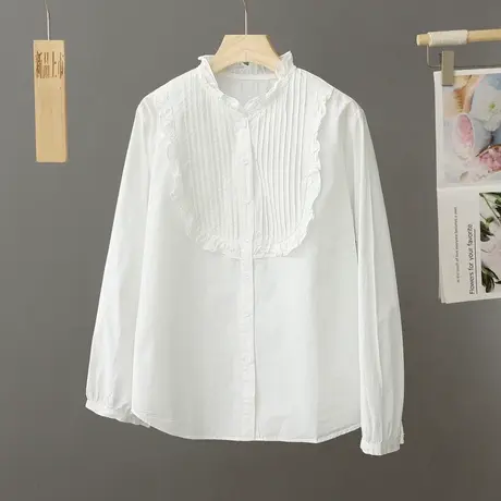 春季新款文艺立领木耳花边纯棉白衬衫女士长袖学生百搭打底衫衬衣商品大图