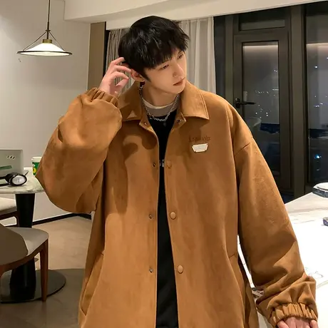 麂皮绒外套男秋冬季宽松日系cityboy港风复古夹克青年翻领上衣潮图片