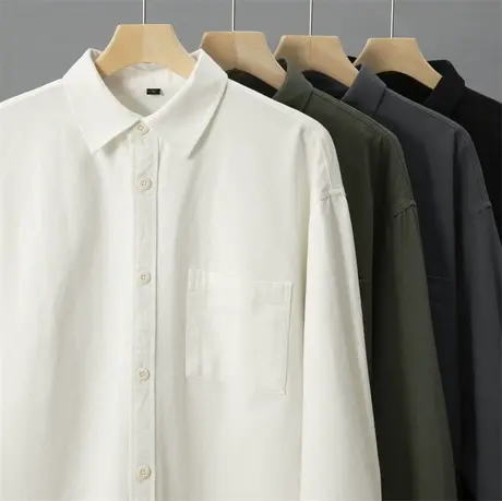美式350G重磅长袖衬衫男春秋纯棉高级感休闲纯色白色衬衣复古外套商品大图