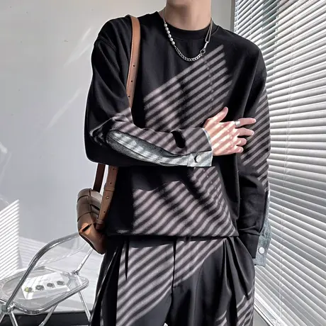 设计感拼接牛仔袖潮牌卫衣男春季ins韩版小众宽松打底长袖T恤上衣商品大图