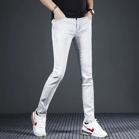 香港高端夏季薄款牛仔裤男修身小脚2024新款浅灰色弹力休闲男裤子商品大图