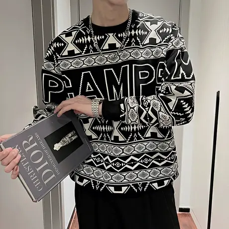 复古民族风印花卫衣男春季花色高级感圆领痞帅上衣ins潮牌长袖T恤商品大图