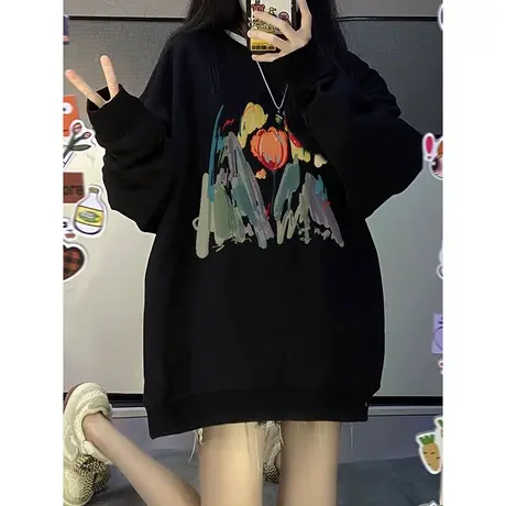 oversize设计感郁金香印花卫衣女春秋季薄款ins潮牌宽松早秋上衣商品大图