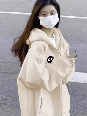 oversize黄色开衫卫衣女春秋薄款宽松慵懒风拉链连帽上衣外套潮牌图片