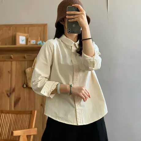 dza 复古纯色全棉polo领内搭衬衫女春秋新款宽松休闲上衣短款衬衣图片