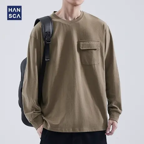 hansca 260g重磅日系复古长袖t恤男纯棉圆领宽松大码休闲口袋上衣商品大图