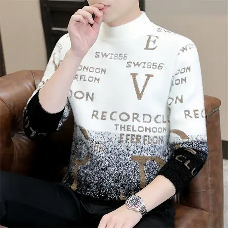 毛衣男秋冬季新款双面绒渐变色潮流中领男士百搭保暖打底衫毛线衣商品大图