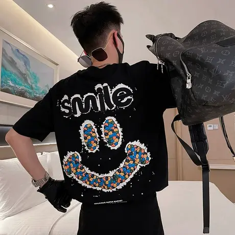 短袖T恤男夏季个性潮流ins卡通笑脸小众印花半袖圆领上衣宽松T恤图片