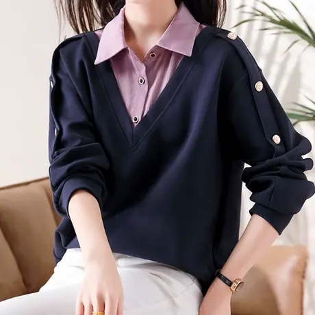 【3月4春新品8折】宽松休闲假两件拼色卫衣时尚气质显瘦套头上衣图片