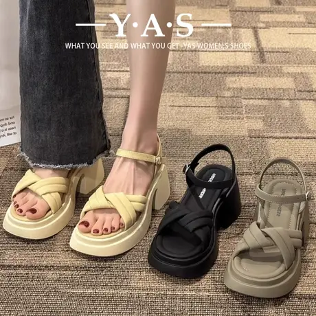 厚底粗跟凉鞋女2024新款夏季时尚松糕露趾一字扣中空交叉罗马鞋潮商品大图